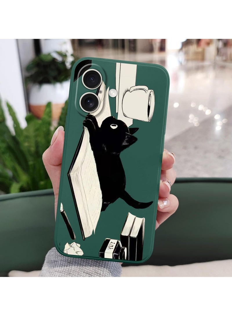 غطاء لهاتف iPhone 16 Plus مقاوم للخدوش مع بطانة من الألياف الدقيقة، غطاء سيليكون نحيف للغاية لهاتف iPhone 16 Plus بحجم 6.7 بوصة - قطة خضراء. - Image 2