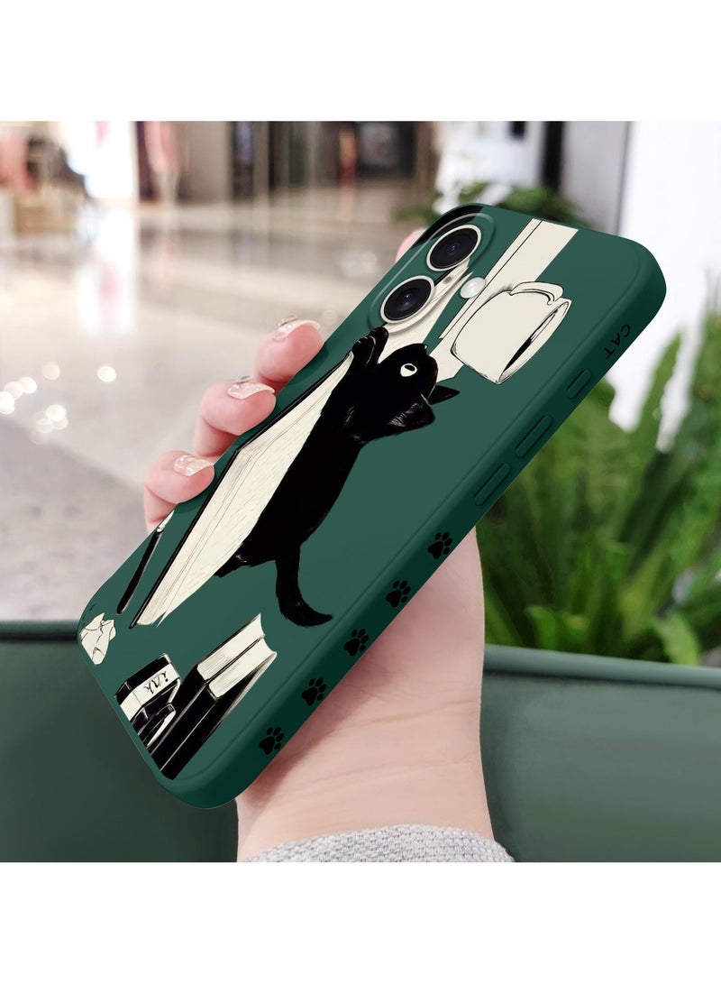 غطاء لهاتف iPhone 16 Plus مقاوم للخدوش مع بطانة من الألياف الدقيقة، غطاء سيليكون نحيف للغاية لهاتف iPhone 16 Plus بحجم 6.7 بوصة - قطة خضراء. - Image 3