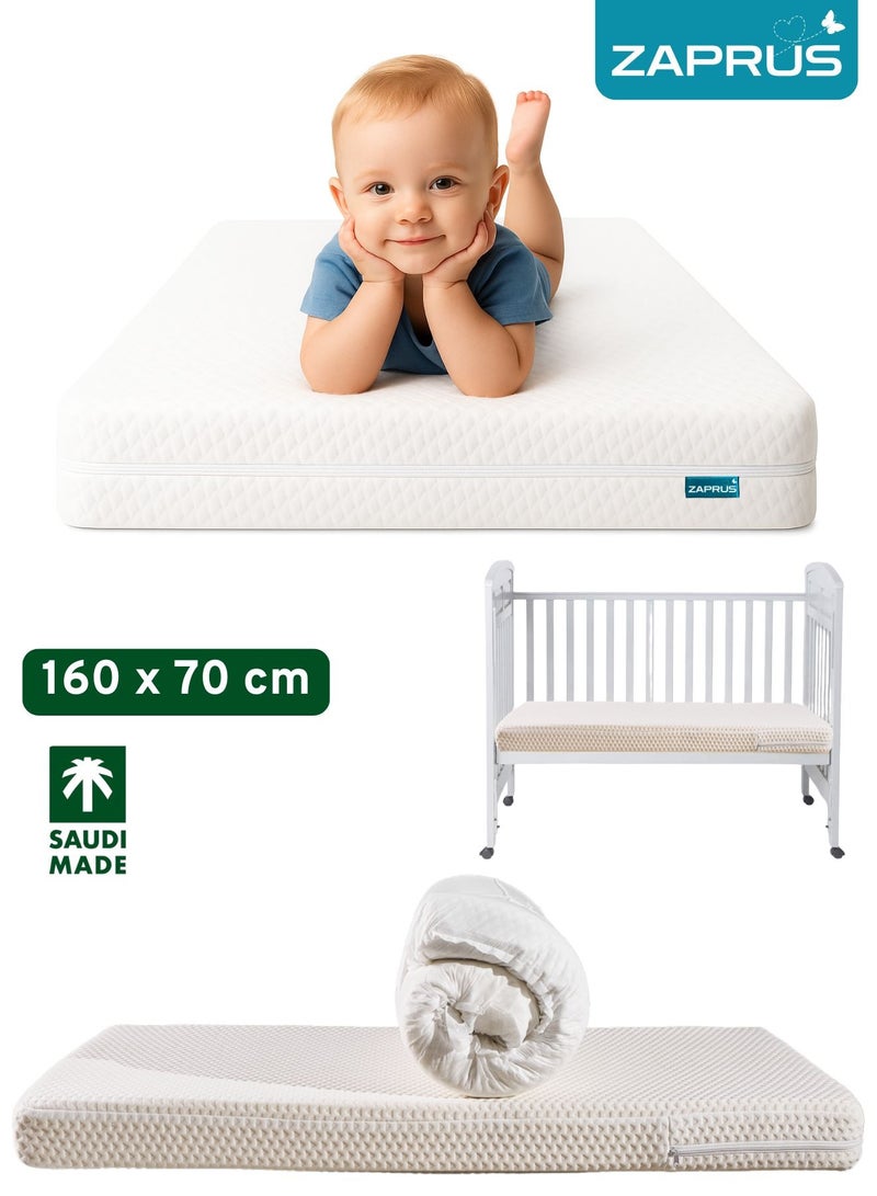 زابروس مرتبة سرير اطفال زابروس ١٦٠×٧٠×١٠ سم – مرتبة اسفنج سرير اطفال عالي الكثافة مع غطاء قطني قابل للتنفس ومضاد للحساسية – مرتبة سرير طفل ثابتة للسفر والاستخدام اليومي - Image 1
