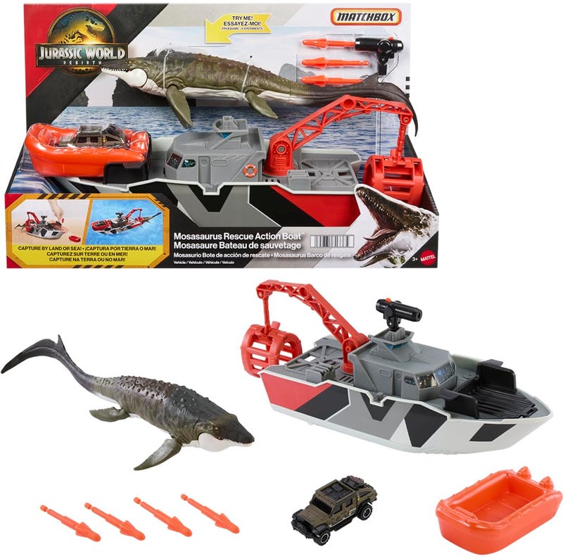 Matchbox Toy Car Playset Jurassic World 125 Dino Boat with 13 Mosasaurus Dinosaur 164 DieCast Jeep Harpoon Missiles Detachable Rescue Boat - Image 2