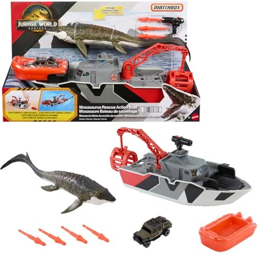 Matchbox Toy Car Playset Jurassic World 125 Dino Boat with 13 Mosasaurus Dinosaur 164 DieCast Jeep Harpoon Missiles Detachable Rescue Boat - Image 1