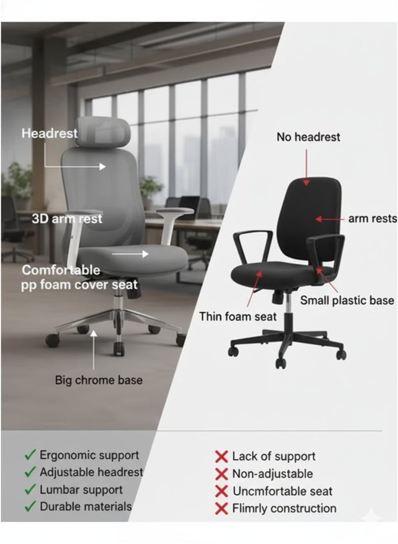 نَدْ مَفْرُوشَات كرسي إسفنجي شبكي مريح ذو ظهر مرتفع - رمادي | مثالي للمكتب أو المنزل أو مكتب الدراسة أو الألعاب - Image 5