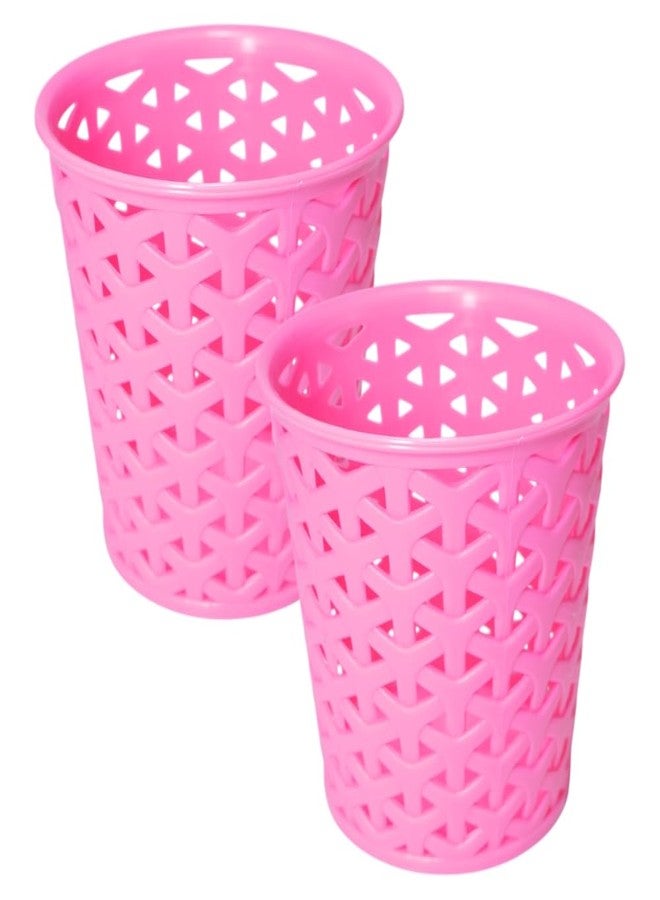 MORVI Linea Big Round Plastic Multipurpose Organizer For Kitchen, Bathroom, Salon, Office|Stationery,Cutlery,Pen,Makeup Brushes Holder|Hanging Toothbrush Stand |Pack Of 2 | PINK - Image 1