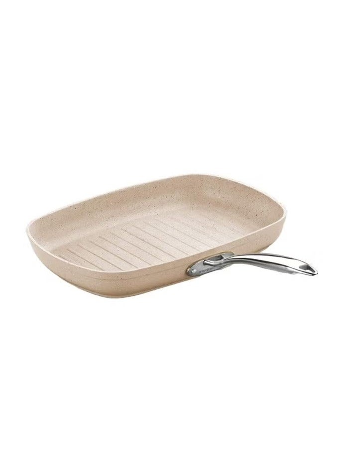 Korkmaz Granita 35x25cm Rectangular Grill Frying Pan Beige/Silver – High Heat Conductivity – Non-Stick Interior & Exterior – Eco-Friendly & Scratch-Resistant – Solar Base for Fast Cooking