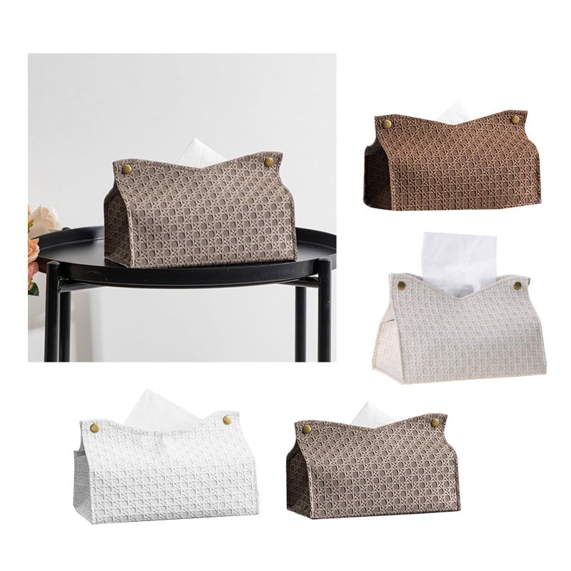 PU Leather Tissue Holder Rectangular Rattan Box Cover Facial Case Organizer Dispenser Almond Gray for Bathroom - Image 3