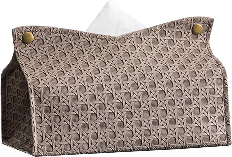 PU Leather Tissue Holder Rectangular Rattan Box Cover Facial Case Organizer Dispenser Almond Gray for Bathroom - Image 1