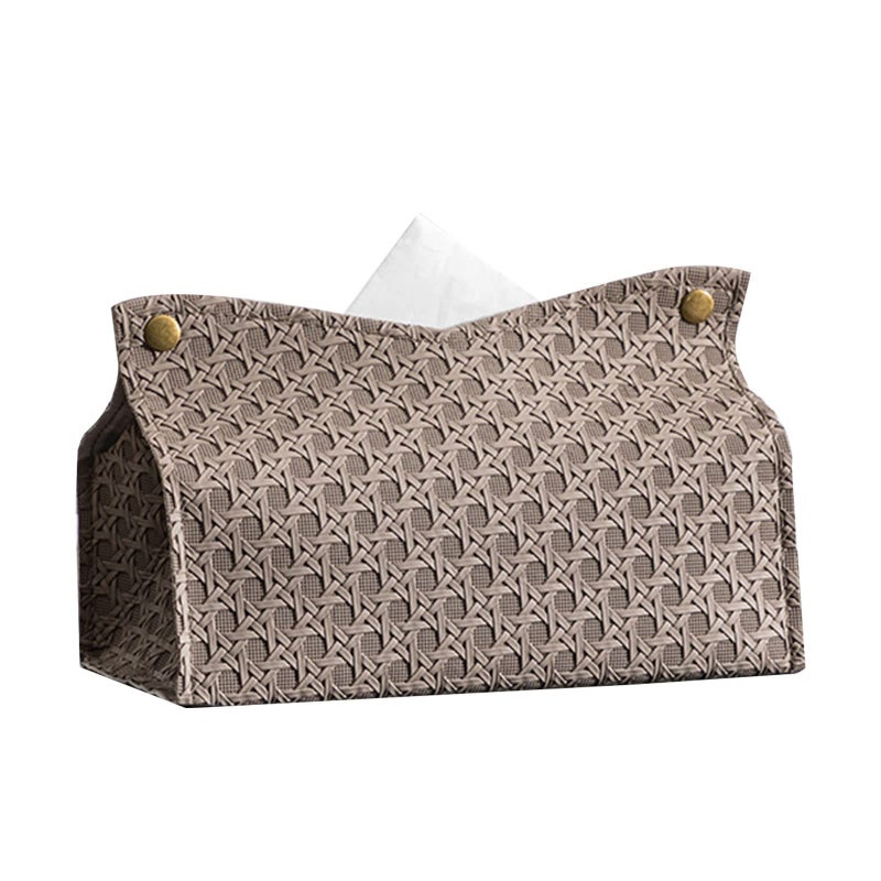 PU Leather Tissue Holder Rectangular Rattan Box Cover Facial Case Organizer Dispenser Almond Gray for Bathroom - Image 2