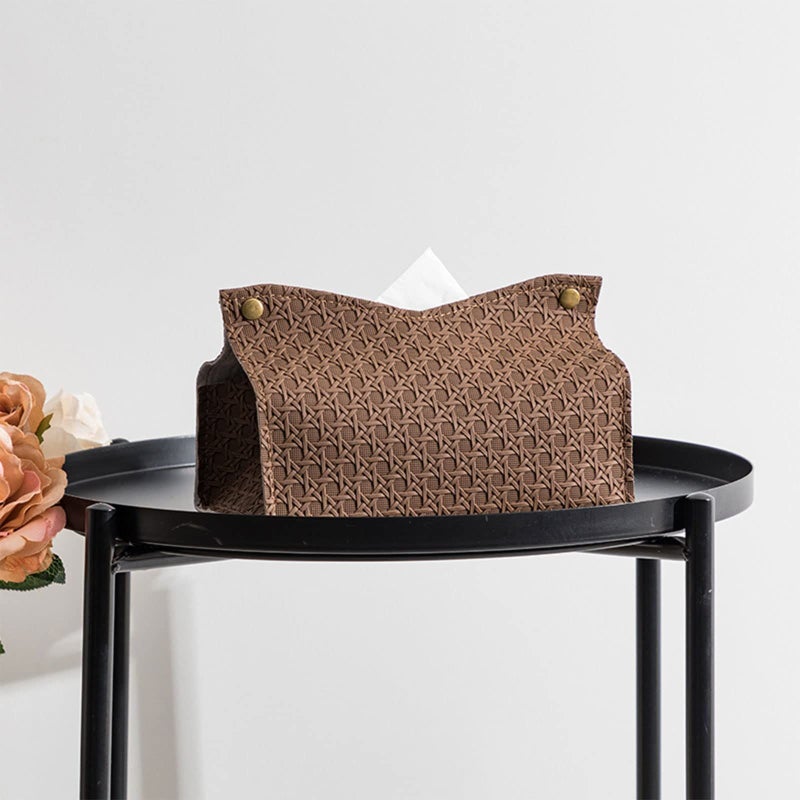 PU Leather Tissue Holder Rectangular Rattan Box Cover Facial Case Organizer Dispenser Almond Gray for Bathroom - Image 5