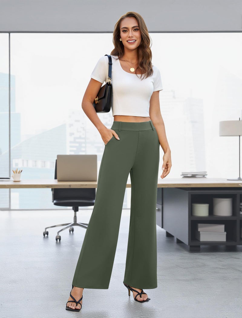 FireSwan Women's Wide Leg Dress Pants High Waisted Stretchy Work Trousers Business Casual Office Pull on Slacks with Pockets Olive Green - Image 3