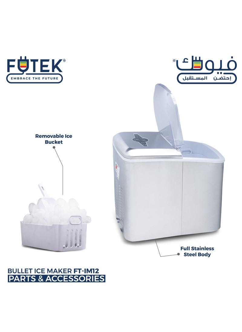 Bullet Shaped Ice Cube Maker 15Kgs/24Hrs | Ice making capacity with 9 pcs Ice cube in 7-8 min per cycle | Low water level indicator| Full Ice Alarm Indicator | Full Stainless Steel body