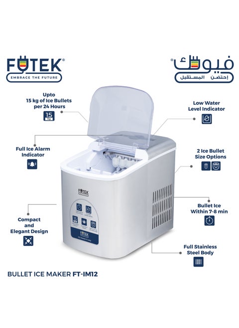Bullet Shaped Ice Cube Maker 15Kgs/24Hrs | Ice making capacity with 9 pcs Ice cube in 7-8 min per cycle | Low water level indicator| Full Ice Alarm Indicator | Full Stainless Steel body