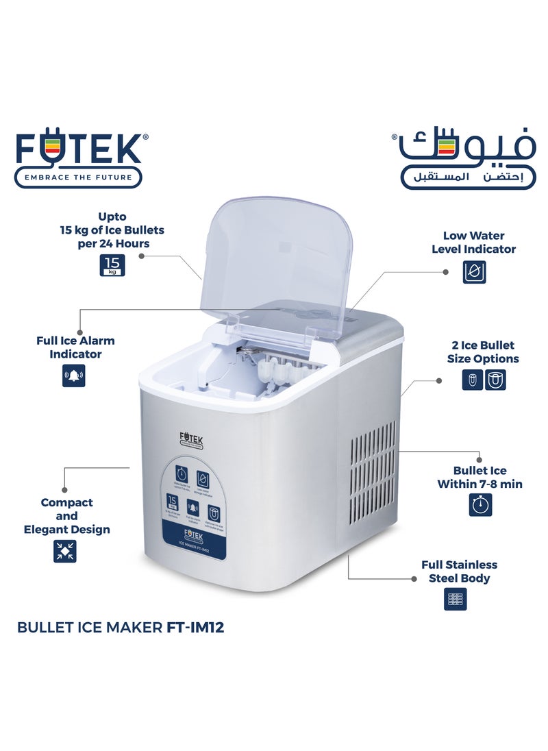 Bullet Shaped Ice Cube Maker 15Kgs/24Hrs | Ice making capacity with 9 pcs Ice cube in 7-8 min per cycle | Low water level indicator| Full Ice Alarm Indicator | Full Stainless Steel body