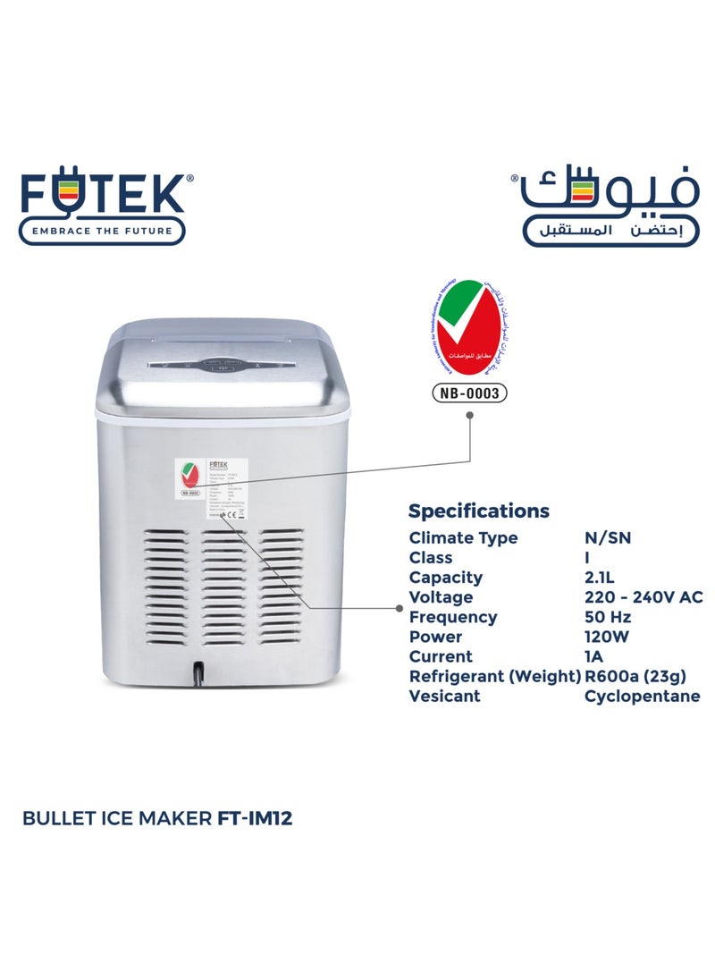 Bullet Shaped Ice Cube Maker 15Kgs/24Hrs | Ice making capacity with 9 pcs Ice cube in 7-8 min per cycle | Low water level indicator| Full Ice Alarm Indicator | Full Stainless Steel body