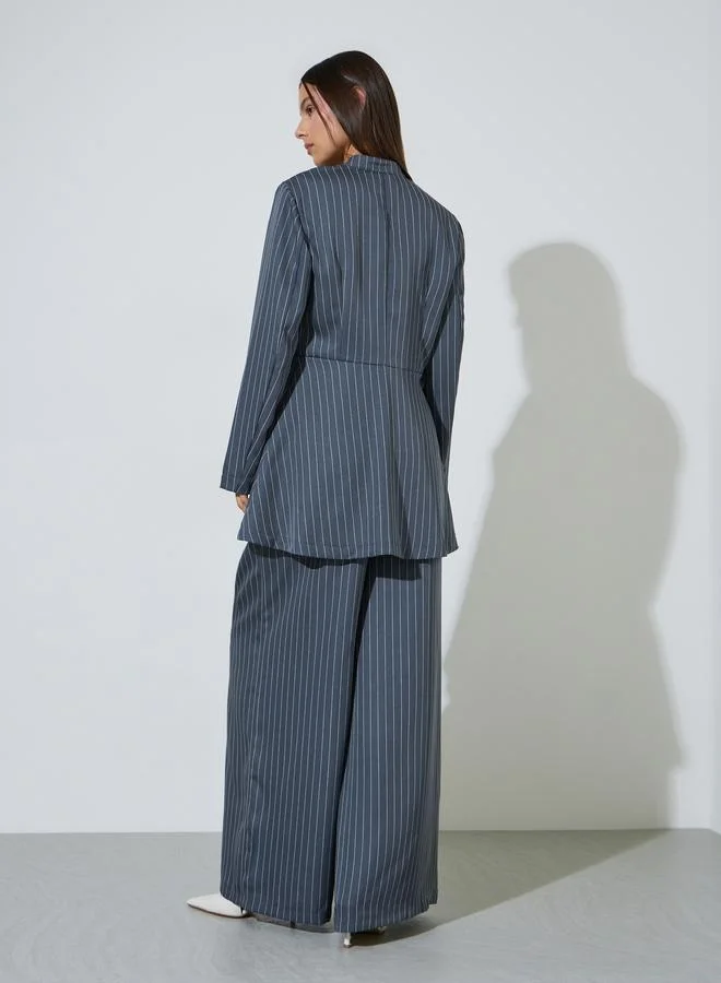 Styli  Grey Striped Longlined Top and Wide Leg Trousers Set for Women | Best Price UAE