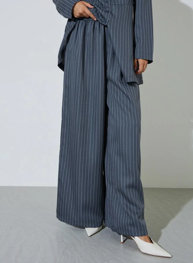 Styli  Grey Striped Longlined Top and Wide Leg Trousers Set for Women | Best Price UAE