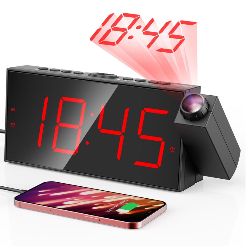 Projection Alarm Clock Digital Clock with 180 Rotatable Projector 5Level Brightness Dimmer Clear LED Display USB Charger Progressive Volume 9mins Snooze1224H for Bedroom
