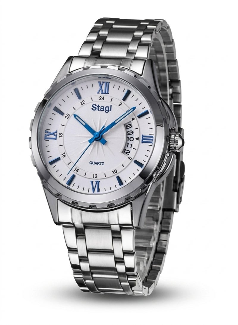 Stagi Luxury Classic Men’s Watch – Silver Design with Royal Blue Accents – Water Resistant with Durable Rust-Resistant Stainless Steel Case – Elegant and Practical Formal Watch - Image 1