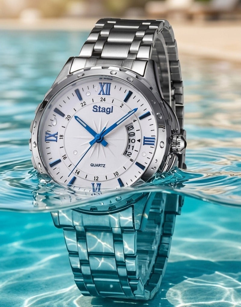 Stagi Luxury Classic Men’s Watch – Silver Design with Royal Blue Accents – Water Resistant with Durable Rust-Resistant Stainless Steel Case – Elegant and Practical Formal Watch - Image 5