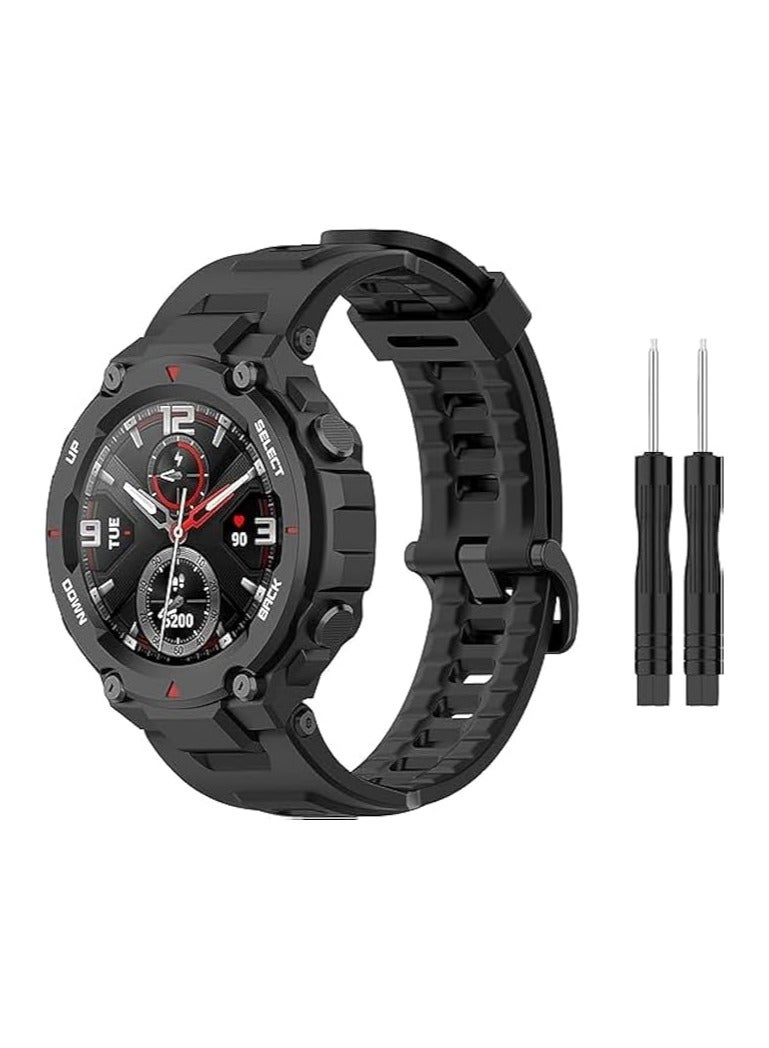 حزام متوافق مع أساور المعصم Amazfit T-rex المصنوعة من السيليكون وحزام السوار وإكسسوارات الساعة الذكية - مع أدوات (أسود) - Image 1