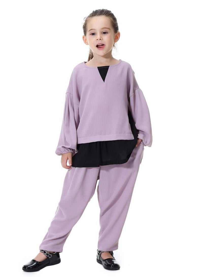 Loquat Girl's 2-Piece Set Outfit Round Neck Top And Loose Harem Pants Suit Purple/Black  - Image 1