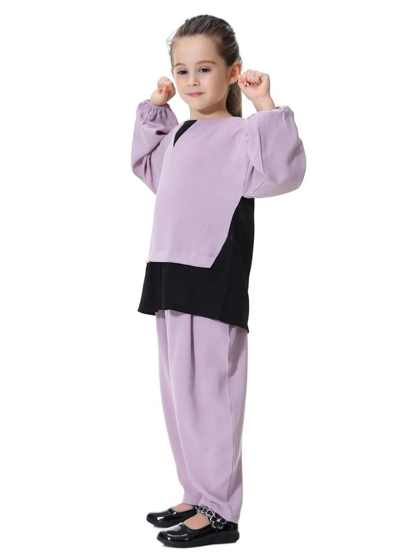 Loquat Girl's 2-Piece Set Outfit Round Neck Top And Loose Harem Pants Suit Purple/Black  - Image 2
