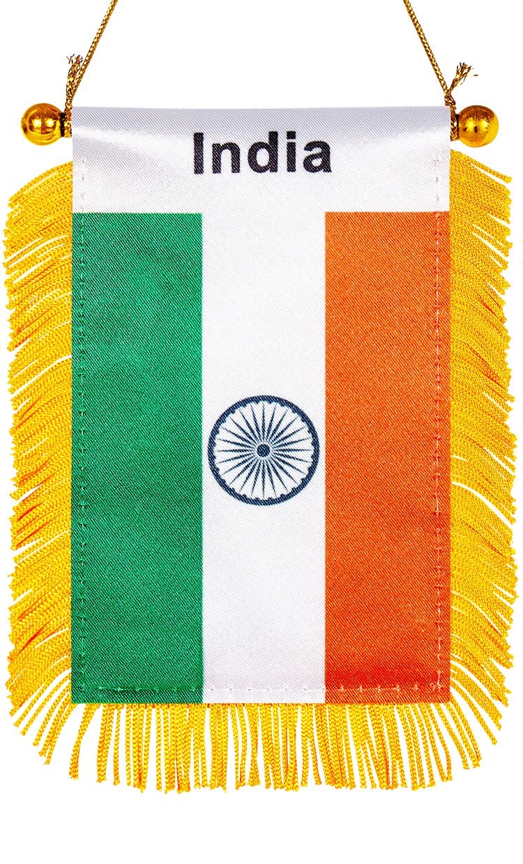 WXTWK 3 X 5 Inch India Flag Indian Window Hanging Flag Small Mini Car Flags Banners Rearview Mirror Decoration With Suction Cup Golden Fringy Banner - Image 1