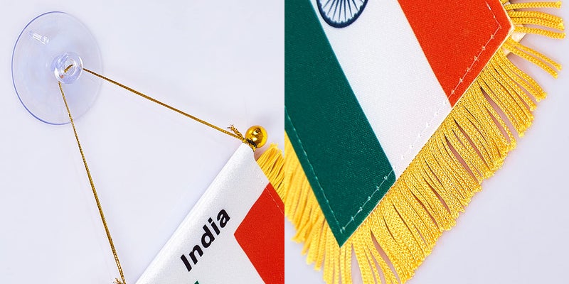 WXTWK 3 X 5 Inch India Flag Indian Window Hanging Flag Small Mini Car Flags Banners Rearview Mirror Decoration With Suction Cup Golden Fringy Banner - Image 3