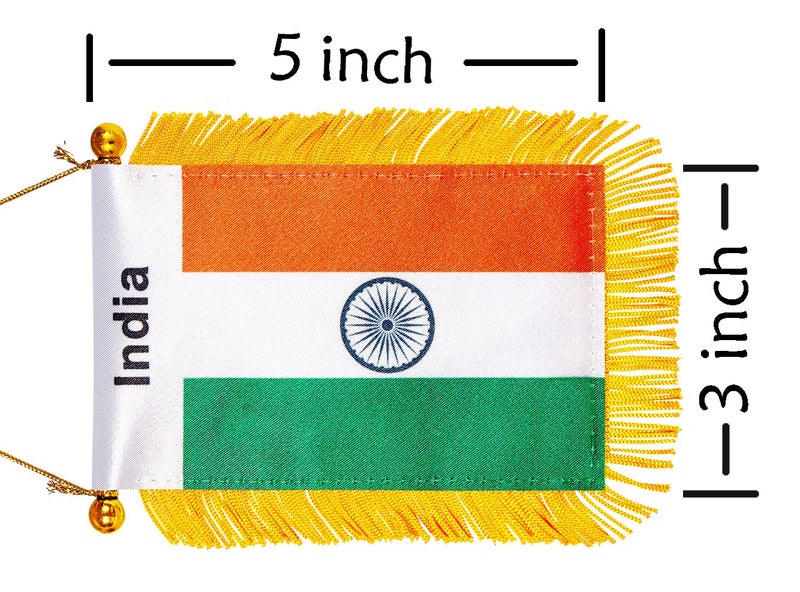 WXTWK 3 X 5 Inch India Flag Indian Window Hanging Flag Small Mini Car Flags Banners Rearview Mirror Decoration With Suction Cup Golden Fringy Banner - Image 2