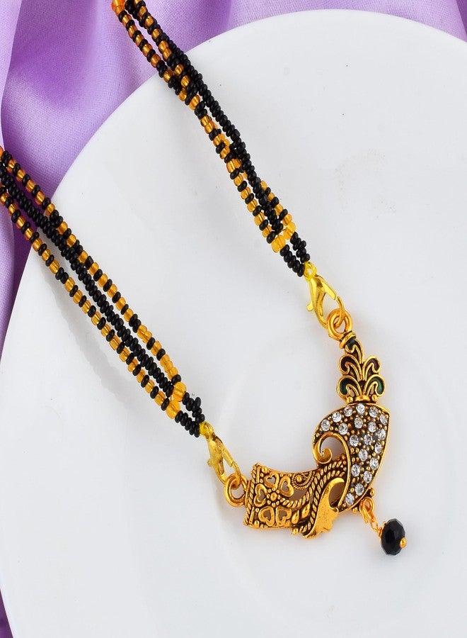 DULCI Antique Gold Plated Black Enamel Contrast & Sparkling Stones Abstract Wing Cz Mangalsutra - Image 4