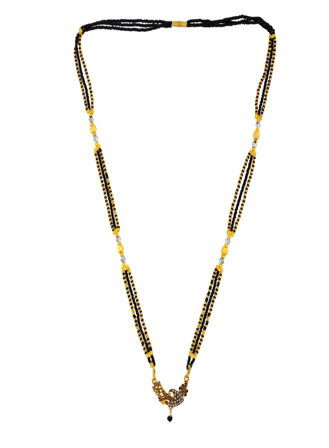 DULCI Antique Gold Plated Black Enamel Contrast & Sparkling Stones Abstract Wing Cz Mangalsutra - Image 3