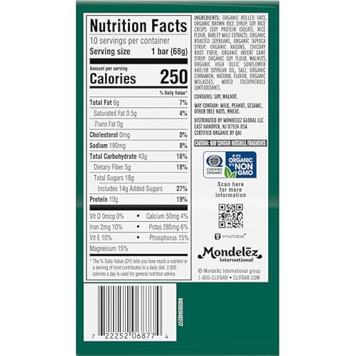 CLIF BAR - Energy Protein Bars - Oatmeal Raisin Walnut - Made with Organic Oats - Energy Bars - Non-GMO - (10 Pack) - Image 3