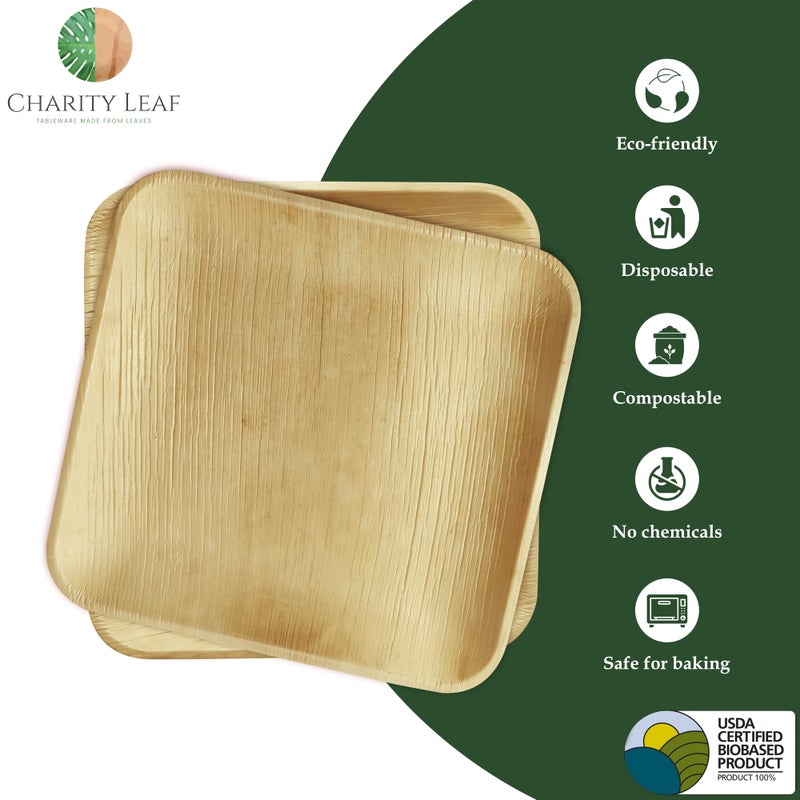 Charity Leaf Compostable 10"" Square Palm Leaf Dinner Plates (50-pack) | Premium  100% Natural  Disposable  Heavy Duty | Perfect for Parties  Weddings & Catering Events - Image 2