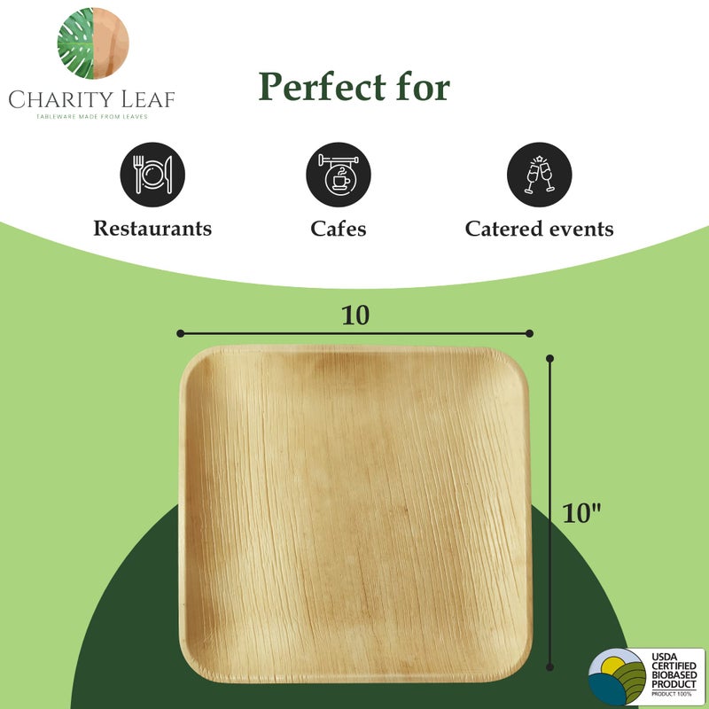 Charity Leaf Compostable 10"" Square Palm Leaf Dinner Plates (50-pack) | Premium  100% Natural  Disposable  Heavy Duty | Perfect for Parties  Weddings & Catering Events - Image 3