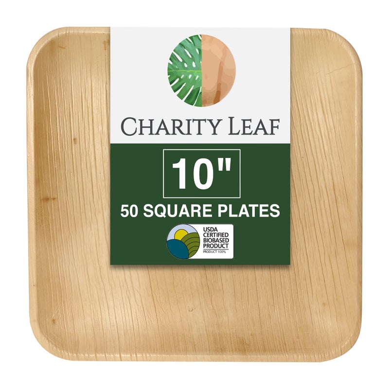 Charity Leaf Compostable 10"" Square Palm Leaf Dinner Plates (50-pack) | Premium  100% Natural  Disposable  Heavy Duty | Perfect for Parties  Weddings & Catering Events - Image 1