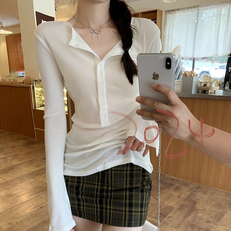 Korean Style New All-match Solid Color Button Horn Design Niche Simple All-match Long-sleeved T-shirt - Image 1