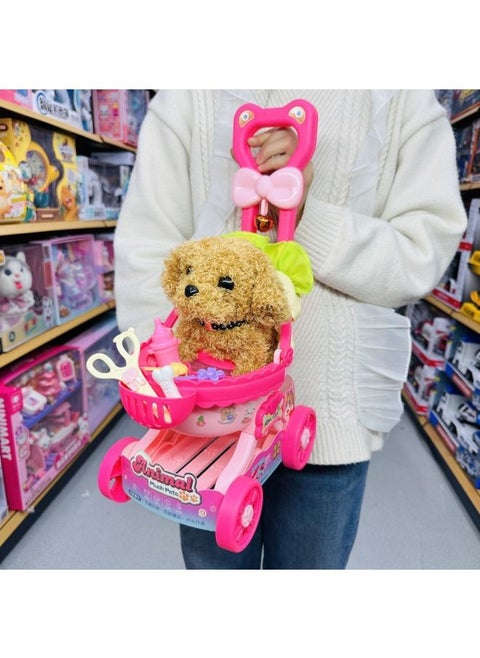 Nora Pet Baby Pet Cart Rabbit Dog Cat Calling Walking Children Simulation Play-house Toy-Color:Luxury Trolley + Electric Teddy [can Walk And Bark]-Specification:Battery Upgraded Version [2 Sets Of Rechargeable Batteries + Charger + Screwdriver]