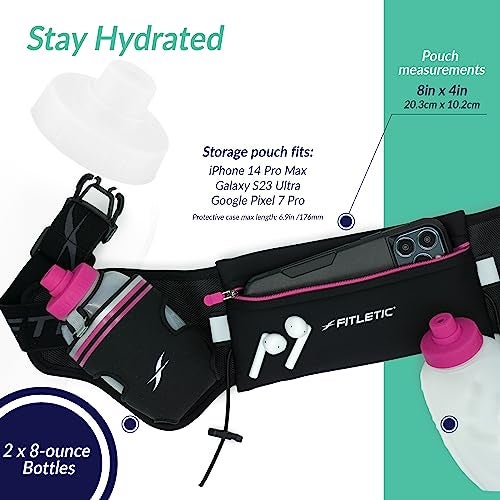 Fitletic Hydration Running Belt with Water Bottles for Men & Women – 2 Quick Flow 8oz Running Water Bottles, Patented Bounce Free Design, Water Resistant Pouch Fits All Phones – Hydra 16 - Image 2