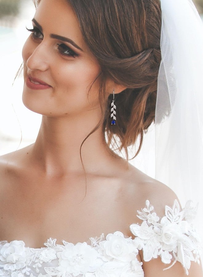 YL Wedding Dangle Earrings for Brides Bridesmaid Teardrop Created Sapphire Long Bridal Leverback Earrings Jewelry for Women - Image 3
