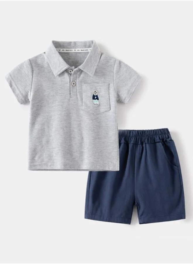 يونيكي Grey Polo Collar Short Sleeve Applique Tshirt & Shorts