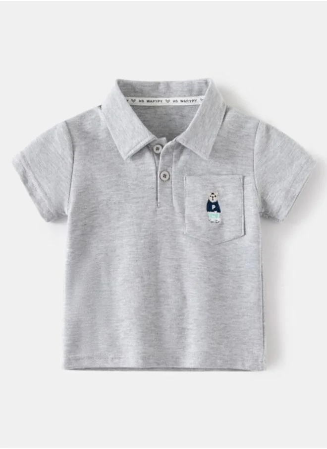 يونيكي Grey Polo Collar Short Sleeve Applique Tshirt & Shorts