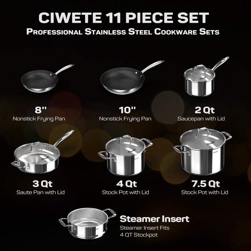 Ciwete 11-Piece Stainless Steel Pots and Pans Set Non Stick, Tri-Ply Stainless Steel Cookware Set, Induction Kitchen Cookware Sets with Steamer Insert & Stay-Cool Handles, Dishwasher, Oven Safe - Image 3