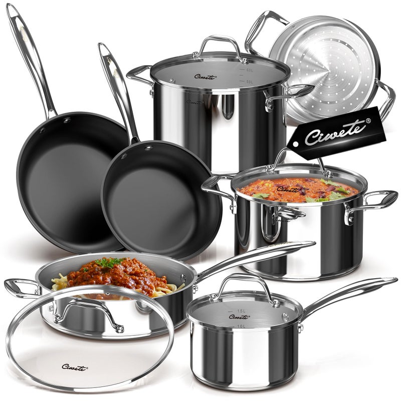 Ciwete 11-Piece Stainless Steel Pots and Pans Set Non Stick, Tri-Ply Stainless Steel Cookware Set, Induction Kitchen Cookware Sets with Steamer Insert & Stay-Cool Handles, Dishwasher, Oven Safe - Image 1