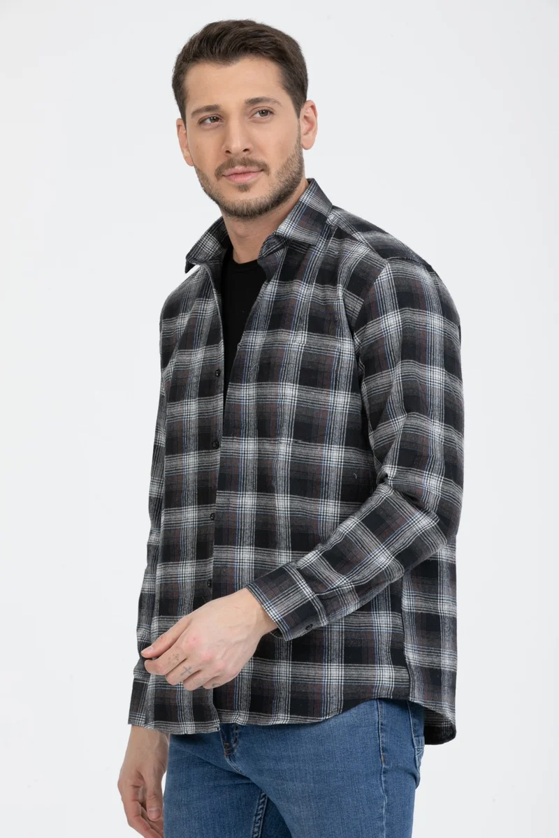 Varetta Men's Black White Long Sleeve Pocket Checked Winter Shirt