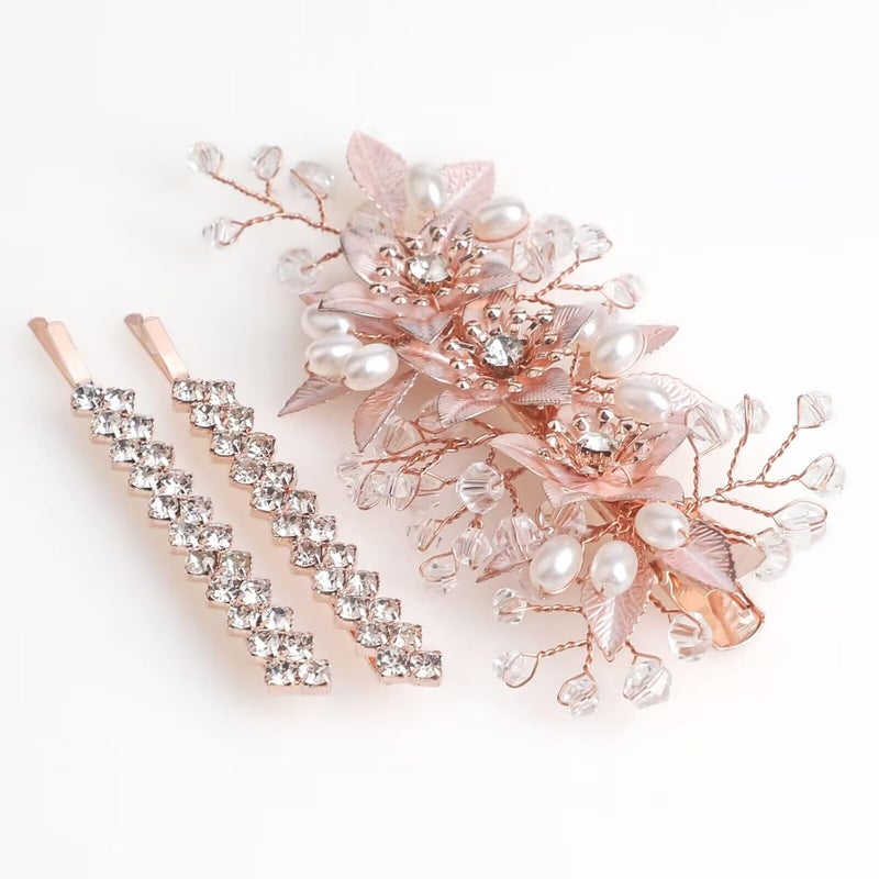 Wedding Hair Clips Set of 3 PCS  Floral Rhinestone Pearl Hair Accessories for Bridal Women Rose Gold