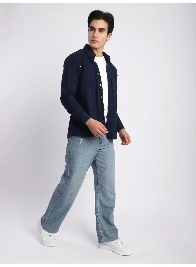 Beyoung Navy Corduroy Dual Pocket Shirt