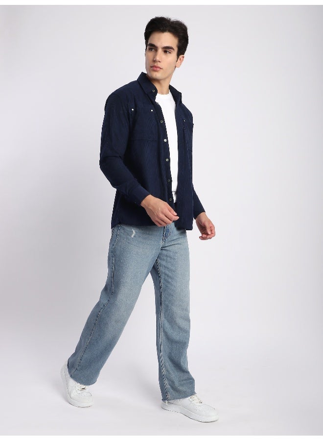 Beyoung Navy Corduroy Dual Pocket Shirt  - Image 3