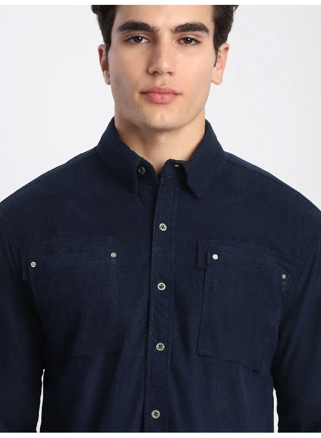 Beyoung Navy Corduroy Dual Pocket Shirt