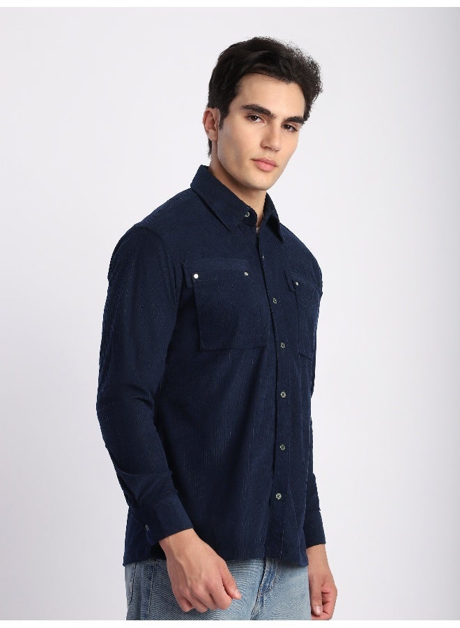 Beyoung Navy Corduroy Dual Pocket Shirt  - Image 4