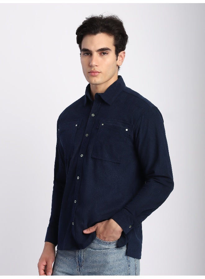 Beyoung Navy Corduroy Dual Pocket Shirt  - Image 1