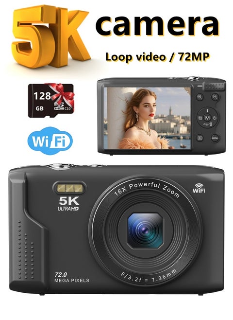 5K كاميرا رقمية ، 72mp اتفاقية مكافحة التصحر كاميرا أوتوفوكس ، واي فاي دعم تسجيل الفيديو الكاميرا ، ومناسبة لإنشاء فيديو يوتيوب ، مجهزة بطاقة ذاكرة 128GB فلاش ، هو الخيار المثالي لمحتوى المبدعين